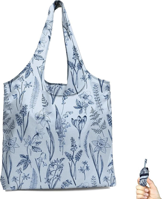 BeeGreen Froal Flowers Ultimate Travel Tote Bag - Reusable Grocery Shopping Bag - Foldable Compact Portable Sturdy Bags