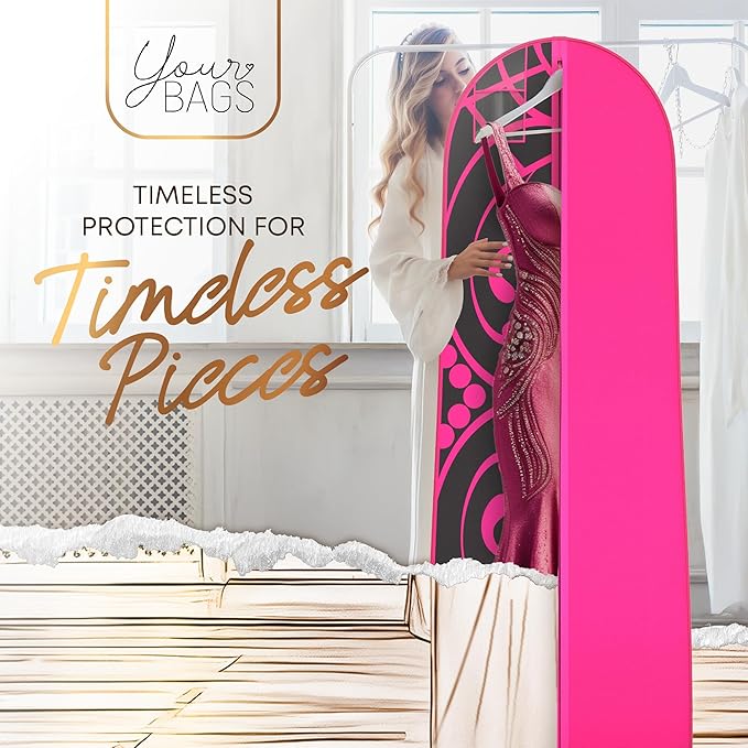 Your Bags Women’s Dress and Gown Garment Bag -72”x24” and 10” Tapered Gusset Prom Bags (Hot Pink and Black Tiara Panel)