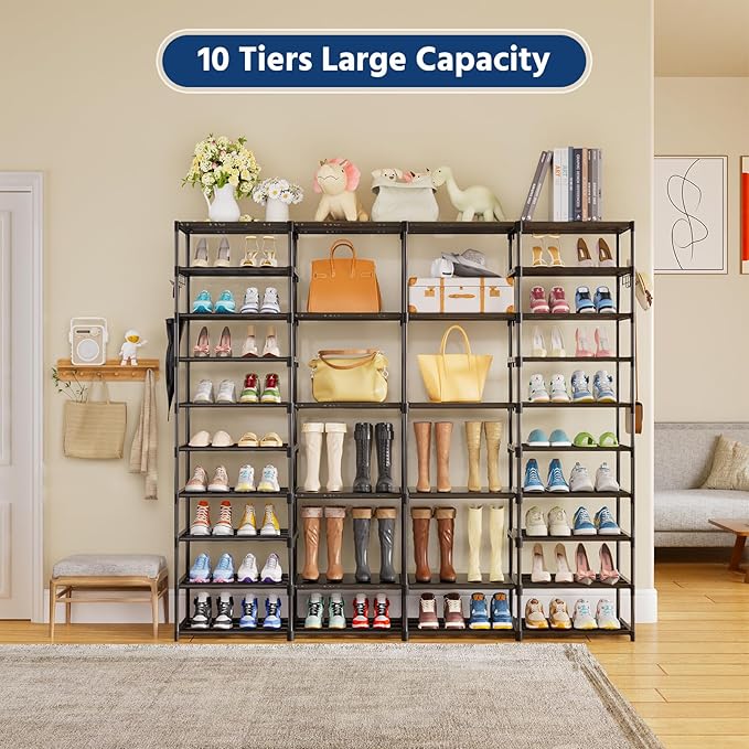Large Shoe Rack Organizer for Entryway Closet 72-80 Pairs 10-Tier Heavy Duty Tall Garage Shoe Rack Shoe Shelf Shoes Storage with Removable Side Hooks for Bedroom and Garage, Black