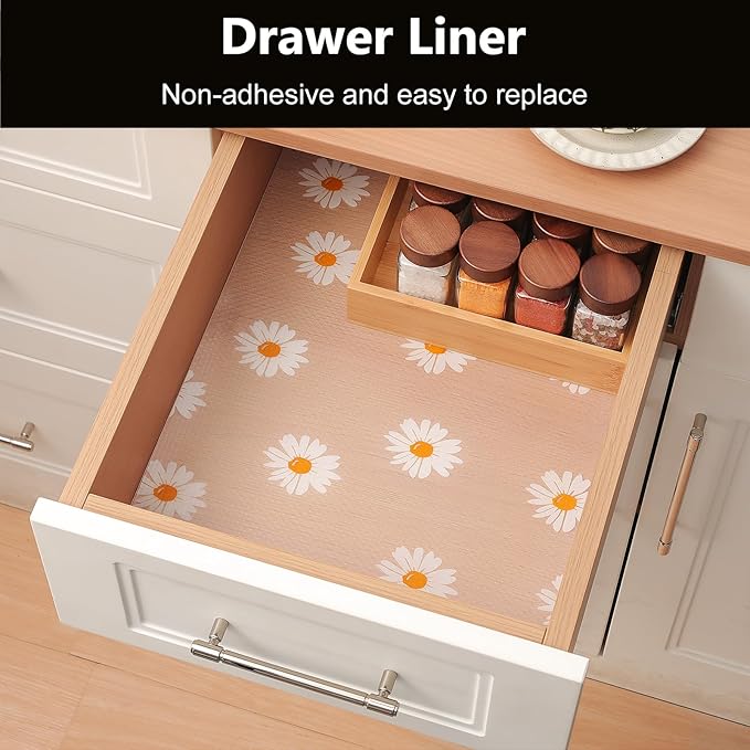 INNOLITES Shelf Liners for Kitchen Cabinets – Drawer Liner Waterproof & Oil-Proof, Non-Adhesive EVA with Floral Pattern – Durable Washable, Easy to Clean (Clean Daisy, 23.6" x 360")