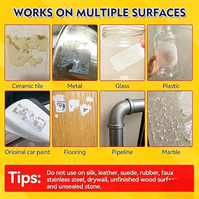 Adhesive Remover, Sticker Remover Spray with Plastic Scraper and Cleaning Cloth, Removes sticker residue, tape marks, and glue buildup, for Glass, Metal, Plastic, Wood and Hard Surfaces