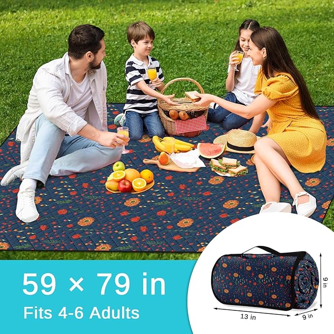 Waterproof Picnic Outdoor Blanket, 79" x 59" Sandproof Foldable Large Picnic Blanket for Beach, Camping, Park, Travel, Concert, Great Gift for Families and Couples (Midnight Flowers)