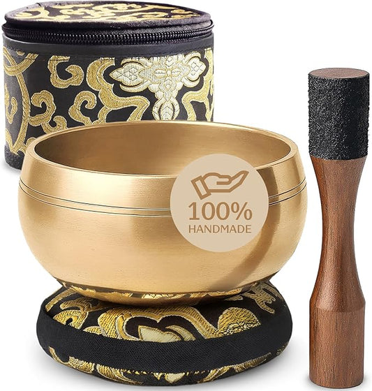 Tibetan Singing Bowl Set with Case – Authentic Plain Design – Complete Meditation Bowl Kit with Cushion, Mallet, Box & Guide – Perfect Tibetan Bell for Yoga, Relaxation, & Sound Healing