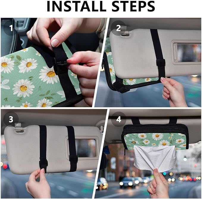 Car Tissue Holder Car Napkin Holder Car Tissue Box Dispenser Storage Case Sun Visor Mask Holder with Adjustable Straps Reusable Refillable Mint Green Daisy Flowers and Bees