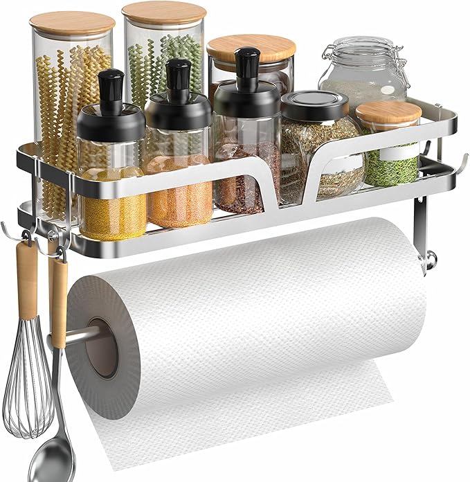 YIGII Garage Paper Towel Holder with Shelf, 2-in-1 Wall Mounted Shop Paper Towel Roll Holder, Stainless Steel Adhesive Spice Rack with 4 Hooks for Kitchen and Tool Room, Silver