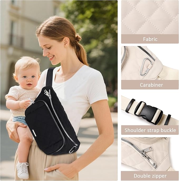 MYHOZEE Small Diaper Bag Fanny Pack - Baby Bag with Waterproof Changing Pad and Wipes Dispenser Quilted Nylon Crossbody Bags for Mom Baby Compact Diaper Purse Cross Body Purses