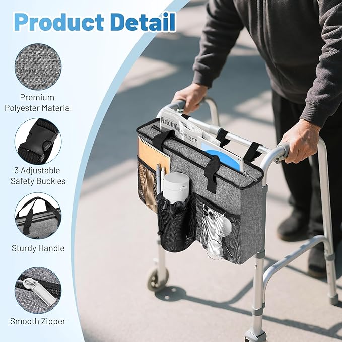 Rhino Valley Walker Bag, Large Capacity Walker Accessories Storage Bag with Multi Pockets & Cup Holder, Walker Basket with 4 pockets for Universal Walkers for Seniors, Gray