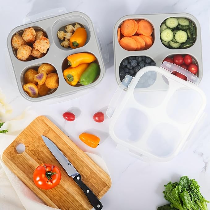 Collapsible Silicone Food Storage Container, 2PCS 4-Compartment Snack Containers Portion Control with Clip-on Lid, Stackable, Space Saving, Microwave/Fridge/Freezer/Dishwasher Safe (2)