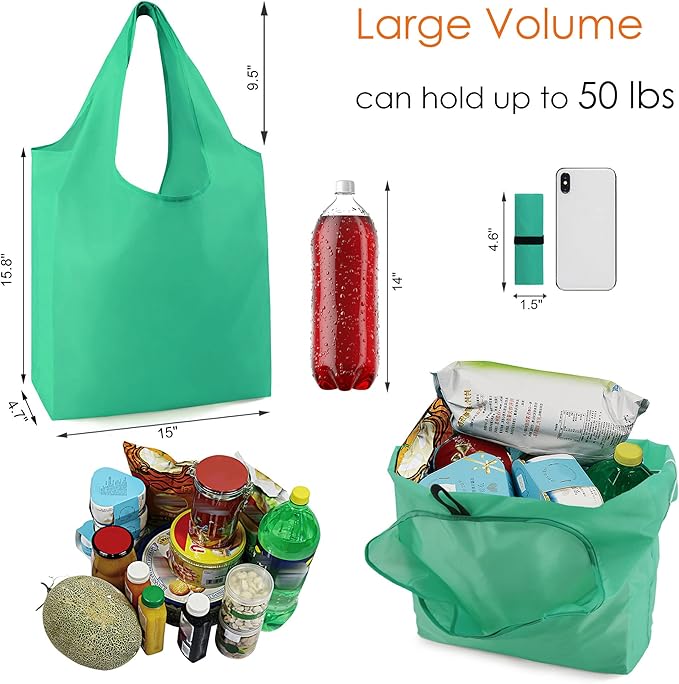 BeeGreen Reusable Grocery Bags, Foldable, Machine Washable, Reusable Shopping Bags Bulk, Colorful 10 Pack, 50LBS Extra Large Folding Reusable Bags Totes with Zipper Storage Pouch, Lightweight Polyester Fabric