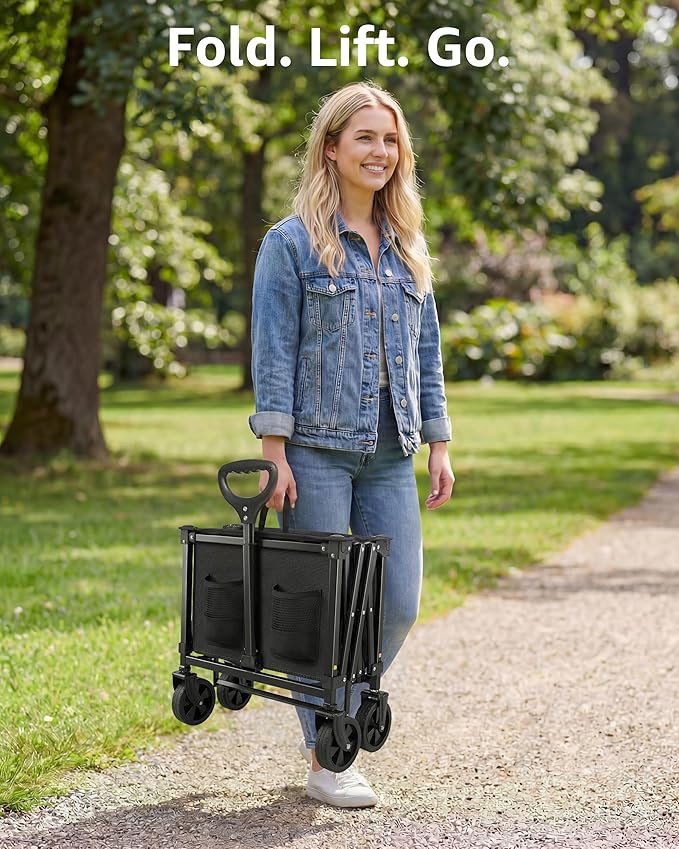 Collapsible Wagon Cart with Wheels - 250LBS Heavy Duty Folding Wagon for Groceries Shopping Outdoor Apartment Portable Foldable Utility Grocery Trolley, Black, L