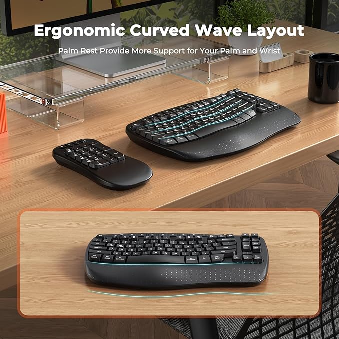 MEETION Wave Ergonomic Keyboard, 2.4GHz Wireless/Bluetooth Split Keyboard with Wrist Rest, Separate Mini Numeric Keypad, Flexible 2-in-1 Setup for Left-Handed/Accountants/Data Entry