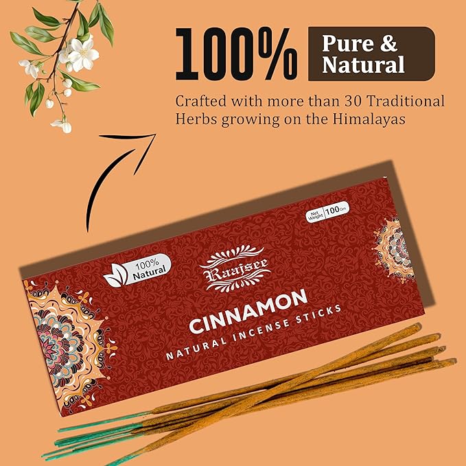 Raajsee Cinnamon Incense Sticks 100gm, Charcoal Free - !00% Natural - Organic Non-Toxic Insence Sticks, Inscents Made with Upcycled Flowers, Meditation Gifts – Spiritual Cleansing
