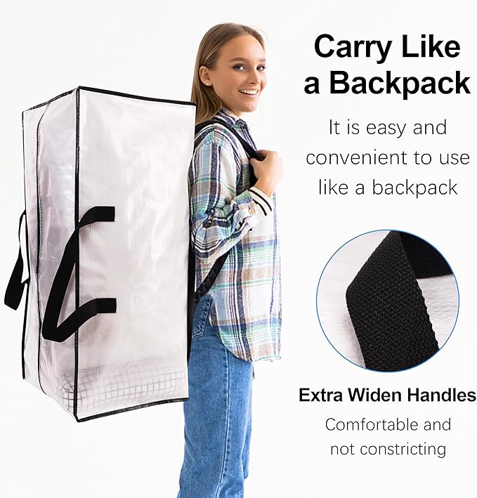 6 Pack Heavy Duty Large Moving Bags W/Backpack Straps - Strong Handles & Zippers, Storage Totes For Space Saving, Fold Flat, Alternative to Moving Box and Storage Bin, Semi-Transparent