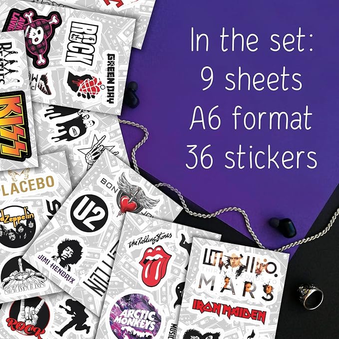 BulbaCraft Classic Rock Stickers, 36pcs Rock and Roll Stickers, R&R Band Decals, Classic R&R Gifts, Waterproof Decals, Guitar Emblems, Music Emblems, 50-70s Rockabilly, Gifts for Women & Men