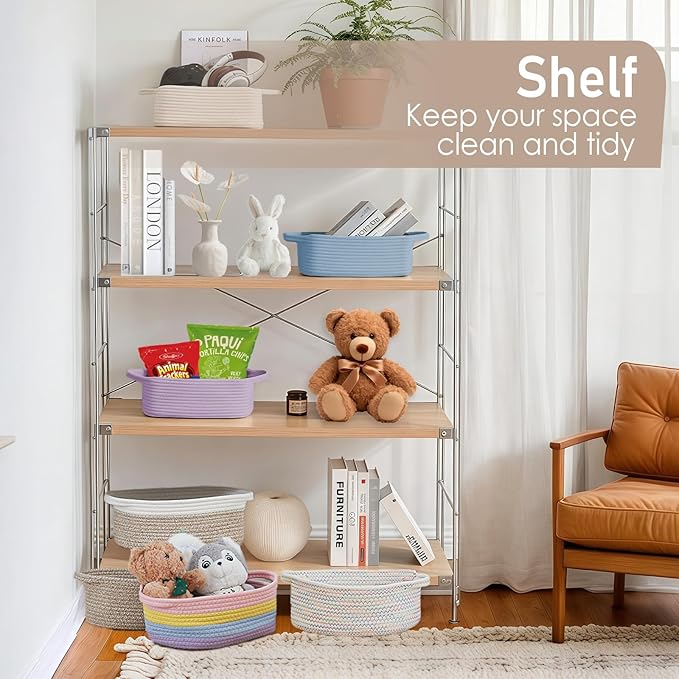 Woven Basket, Small Rope Storage Bin with Handles & Ribbon Bag, Organizer for Shelves Closets, Empty Gift Basket for Birthday, Books, Dog Toys, Beige/2 Pack