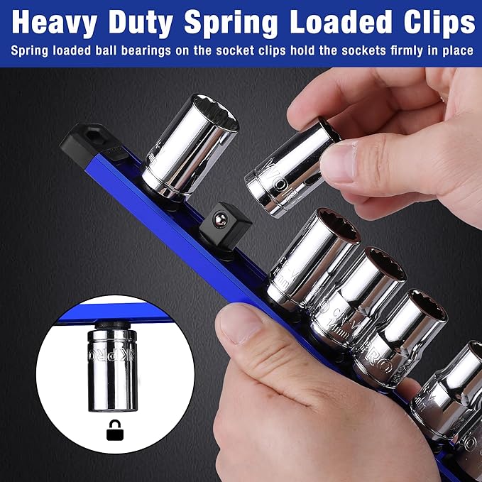 WORKPRO Magnetic Socket Organizer, 3/8-Inch Drive Aluminum Alloy Socket Rail, Heavy Duty Socket Holder, Socket Rack Kit 3/8-Inch x 10 Clips (Blue)