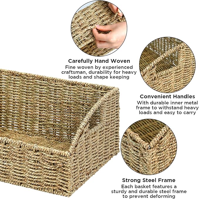 Ollieroo Natural Seagrass Storage Baskets, Handwoven Wicker Storage Bins with Built-in Handles, Storage Container Baskets for Shelves, Bedroom, Bathroom, Laundry Room or Kitchen (Green)