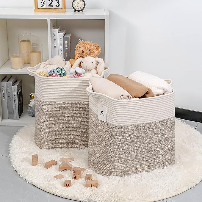 Laughbird Tall Storage Baskets for Clothes Fabric Cotton Rope Storage Basket bin with Handles, Decorative Woven Basket for Living Room,Closet Organizer Blankets, and 2bags Brown 17.8×W12.5×H17.9)