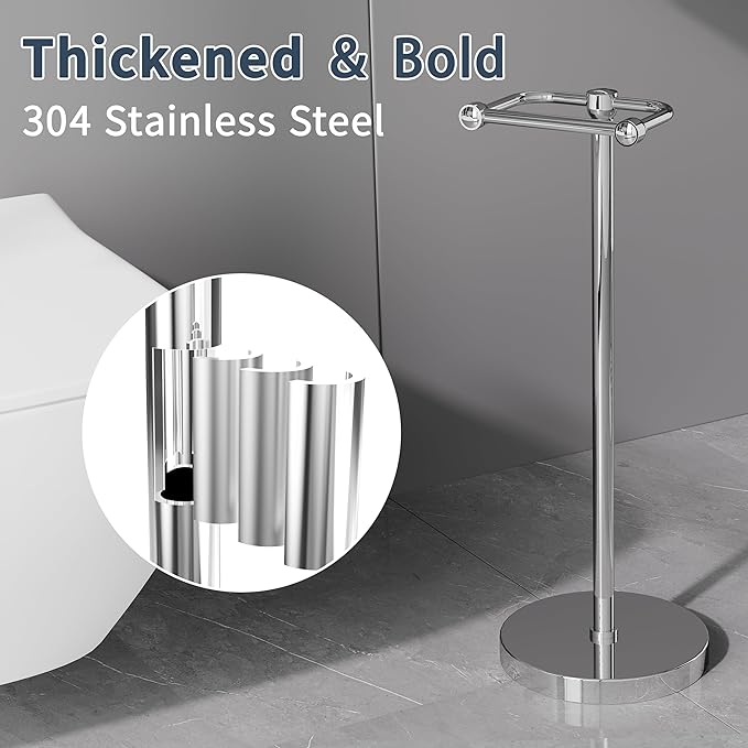 Toilet Paper Holder Stand, Post Pivoting Design Free Standing Toilet Paper Holder, SUS304 Stainless Steel Toilet Paper Roll Holder, Heavy Stable Base (Chrome)