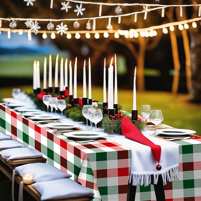 Ganeen 3 Pcs Christmas Buffalo Plaid Tablecloths Disposable Plastic Red and Green Checkered Table Cloths Waterproof Rectangle for Winter Christmas New Year Holiday Party Decor, 54 x 108 Inch