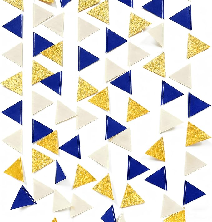 Blue Gold Beige Party Decoration Royal Gold Glitter Felt Hanging Triangle Mini Bunting Pennant Banner Flag for Birthday Wedding Graduation Baby Shower Nautical Ahoy Anchor Party Nursery Classroom Decor
