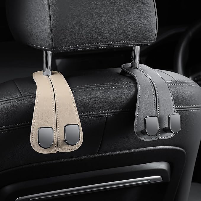 2-Pack KAFANLIN Car Headrest Hooks for Purses and Bags, Cute Leather Car Seat Back Headrest Double Hooks for Bags, Cute Pink Beige Car Accessories Headrest Back Seat Handbags Hook (Pink 2-Pack)