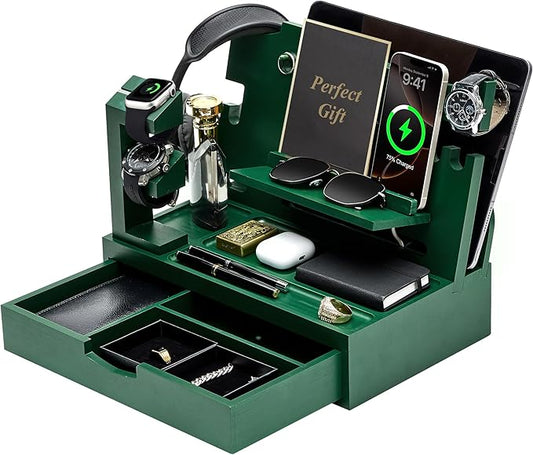 Nightstand Organizer for Men with Large Drawer, Birthday Gifts for Men, Phone Docking Station, Bedside Organizer for Nightstand for Apple Watch, Laptop (Olive Green, Solid Wood)