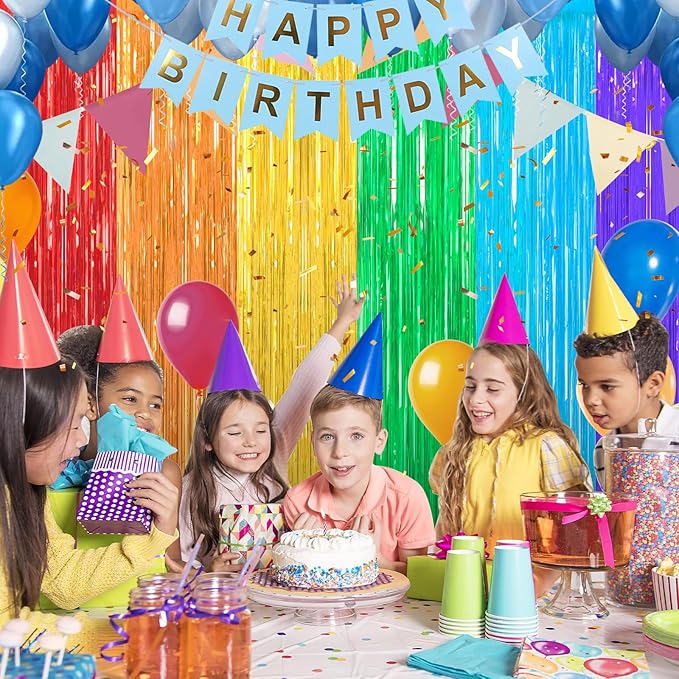 2 Pack Rainbow Foil Fringe Curtains Streamers Party Decorations 3.3 x 8.2 ft, Tinsel Curtain Fringe Backdrop for Parties, Door Fringe Birthday Streamers, Barbie Backdrop Birthday Party Decorations