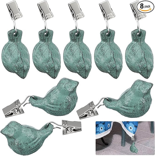8 Pieces Cast Iron Antique Bird Tablecloth Weights Vintage Tablecloths Weights Clip on Hangers Pendant Tablecloth Weight Kit for Outdoor Home Garden Party Wedding Picnic Table Covers (Light Green)