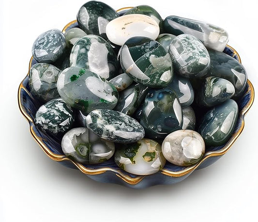 Polished Stone Set Moss Agate Crystals, 0.8" Handpicked Tumbled Gemstones Rocks, Pebbles for Reiki, Chakra, Healing, Home Decor