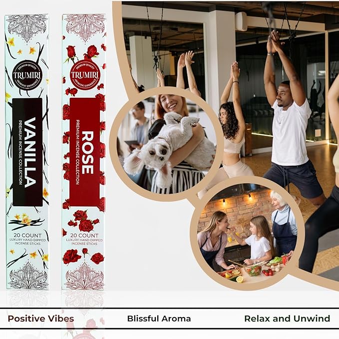 Trumiri Incense Sticks - Combo Pack of 40 Insence-Sticks - 20 Vanilla + 20 Rose - Insenses - Insents - Incents - Inscense - Incence - Incienso - All Natural Incense Sticks