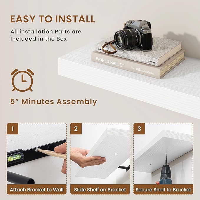 fuqing Floating Shelves for Wall, Wall Mounted Wood Floating Shelf with Invisible Brackets for Living Room, Bathroom, Bedroom, Kitchen Storage and Decor, 40 Inch Set of 2, White