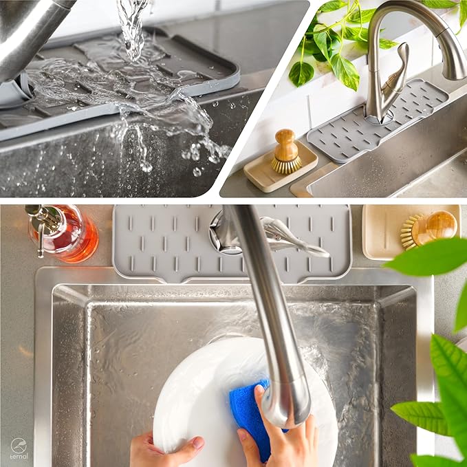 Ternal Silicone Faucet Handle Drip Catcher Tray Mat, Silicone Faucet Mat Dish Soap Sponge Holder for Kitchen Sink Accessories Gadgets, Drying Mat for Kitchen Counter Bathroom Kitchen Sink [Grey]