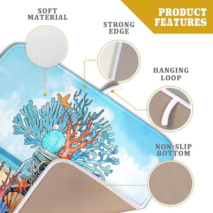 Coastal Coral Dish Drying Mat 16x18 inch Starfish Shell Fast Dry Microfiber Dish Rack Mats Drainer Pad for Countertop Kitchen Table Decor