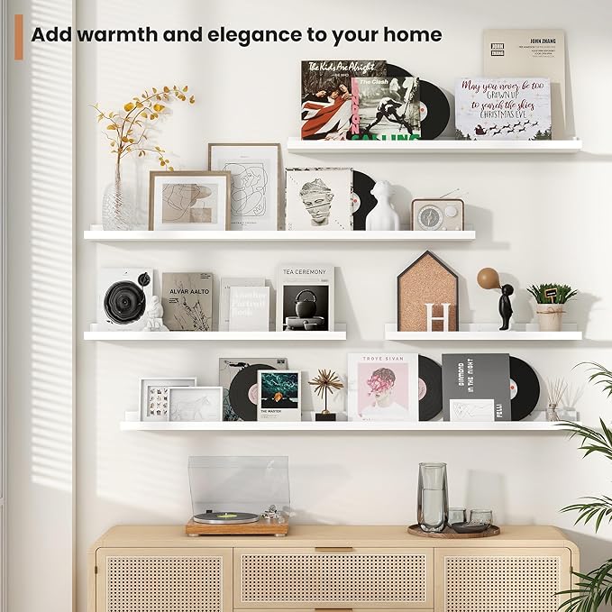 Fun Memories Picture Ledge Shelves Set of 2, 48 Inch Rustic Wall Mounted Floating Shelves with Lip for Home Storage and Décor in Bathroom, Kitchen, Nursery, Bedroom, Living Room, White