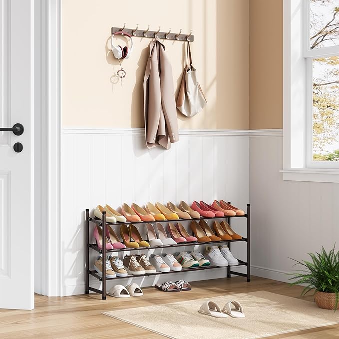 Tajsoon 3-Tier Expandable Shoe Rack for Closet, 28"-41" Adjustable & Stackable Shoe Shelf Storage, Metal Shoe Rack Organizer for Front Door Entrance, Closet, Garage, Entryway, Bronze