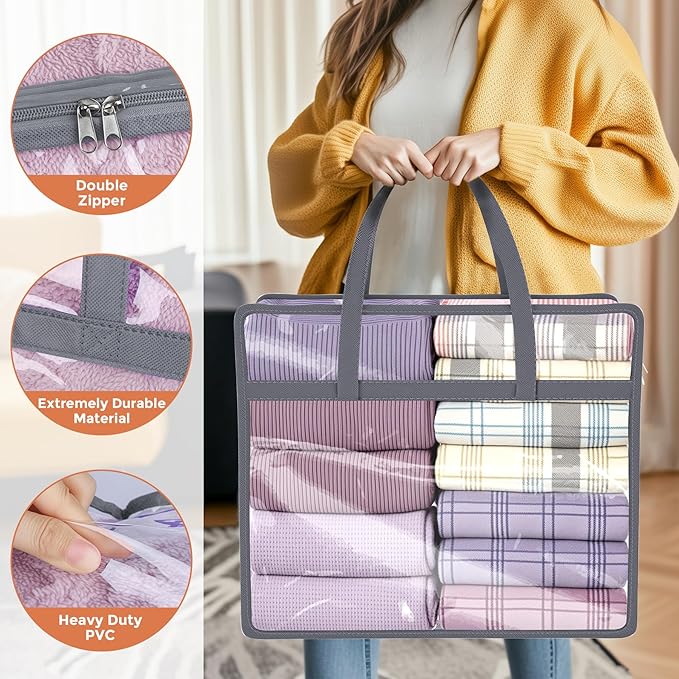 Budding Joy Clear Zippered Storage Bags for Clothes, 40L Closet Organizers and Storage Containers Vinyl Moving Bag for Bedding, Linen, Blankets, Comforters, Clothing & Toys, Grey, 4 Pack