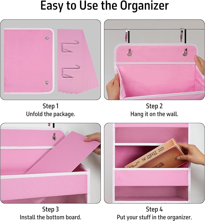 Over Door Organizer with 4 Large Capacity Pockets, Heavy Duty Hanging Organizer Storage for Closet Bathroom Nursery Bedroom Dorm, Toys Cosmetics Sundries and Baby Essentials, Pink