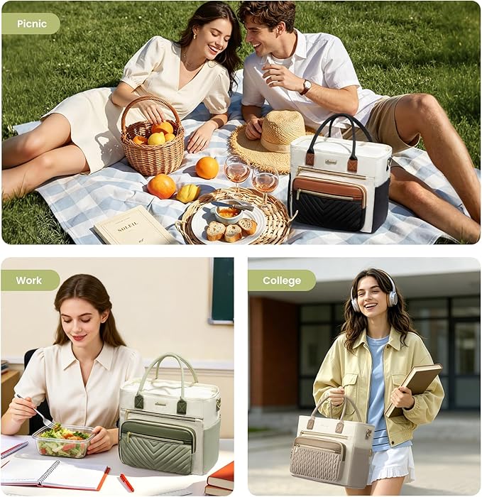 LOVEVOOK Insulated Lunch Bag Women,Wide Opening Adult Lunch Box Women with Cup Holder,Large Leakproof Cooler Bag for Work Picnic Beach Family College Mom,Lunch Teacher Breast Pump Diaper Tote Bag