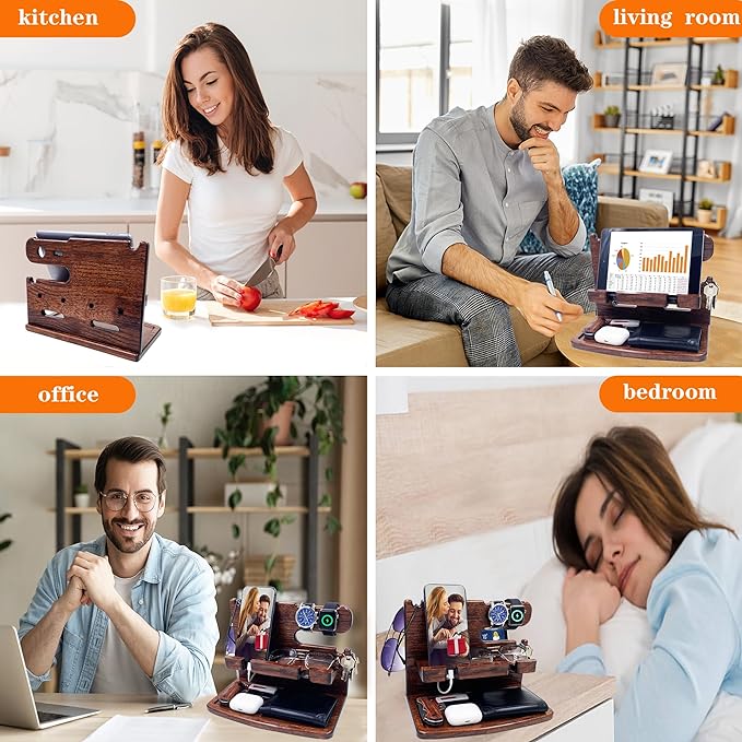 Gifts for Men Women Dad Husband Boyfriend Wood Phone Docking Station Nightstand Organizer for Men Birthday Gifts (Dark Brown)