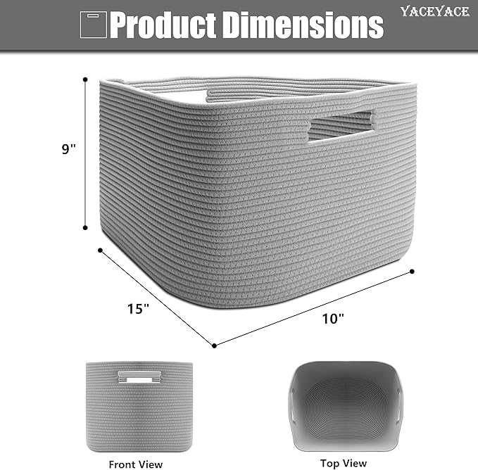 YACEYACE Fabric Bins Cube, 3 Pack Storage Cubes Organizer for Toy, Closet, Foldable Baskets for Shelves, Rope Baskets with Handles, 15''Lx10''Wx9''H