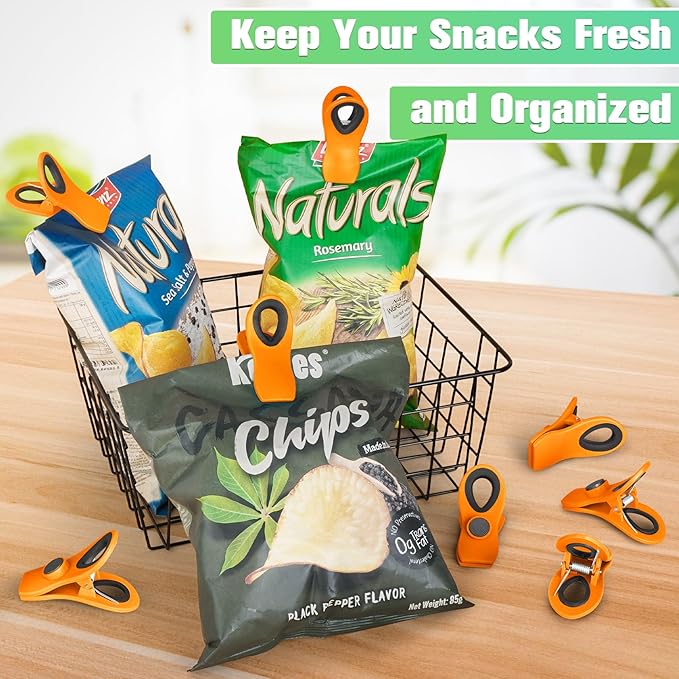 VNDUEEY 12 Pack Magnetic Chip Clips for Food Packages, Plastic Bag Clips with Magnet for Refrigerator - Orange