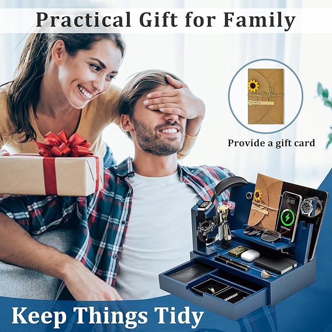 Nightstand Organizer for Men with Large Drawer, Birthday Gifts for Men, Phone Docking Station, Bedside Organizer for Nightstand for Apple Watch, Laptop (Blue, Solid Wood)