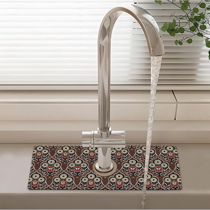 Patterned Sink Faucet Mat Kitchen Splash Guard Super Absorbent Drying Mat, Non-Slip Drain Pad for Kitchen Counter or Bathroom-15x5.5in