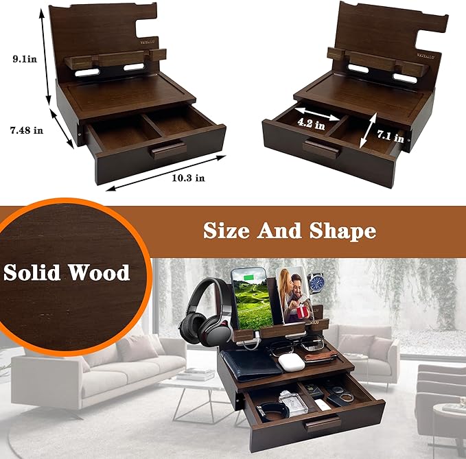 Gifts for Men Women Him Husband Son Boyfriend Birthday Nightstand Organizer Wood Phone Docking Station Birthday Gifts (Deep Walnut)