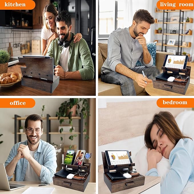 Gifts for Men Women Husband Son Boyfriend Him Nightstand Organizer Wood Phone Docking Station Birthday Gifts (Walnut)