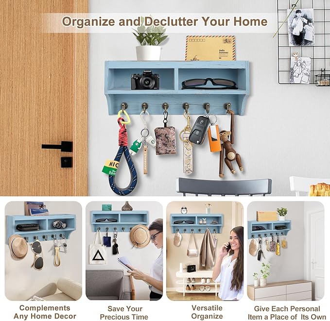 Key Holder Wall Mount - Mail Organizer Wall Mount with 6 Key Hooks and Storage Box for Sunglasses Storage and Dog Leash Holder Home Decor Rack Apartment Farmhouse Shelf Entryway Organizer (Blue)