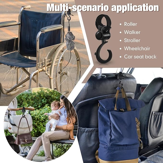 Taiyin 4 Pcs Walker Hook Hanging Multipurpose 360° Rotation Stroller Clip Diaper Bag Hanger for Walker Rollator Crutches Wheelchair Shopping Cart Car Back Seat Purses Bike Wheelchair Pushchair, Black