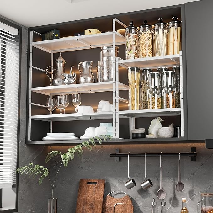 taiheis 16.5~27.1" Expandable Shelf Organizer, 2Pack 10.2" Wide Stackable Cabinet Shelf Organizers, White Metal Sturdy Kitchen Counter Storage for Countertop, Adjustable Height Spice Rack