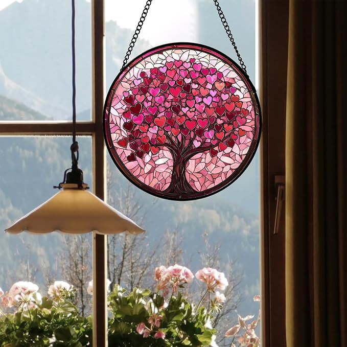 Stained Glass Window Hanging - DASTOLL, Birthday Gifts for Women Men Mom Dad, Pink Love Tree Suncatcher for Doors Window Home Sun Catchers Decor 6.3 in